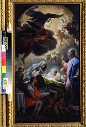 La morte di Giuseppe. Rappresentazione della Santissima Trinità: Gesù Cristo, Dio e la colomba dello Spirito Santo