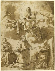 Madonna col Bambino in gloria, con tre santi maschi in basso