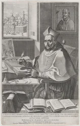 Cardinale Roberto Bellarmino alla sua scrivania, scrivendo, 1604