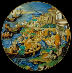 Iliade di Omero: Piatto in maiolica realizzato da Francesco Xanto Aveli rappresentante il rapimento di Elena da parte di Paride