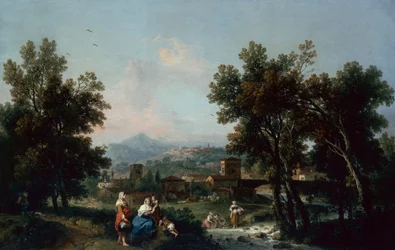 Paesaggio Boschivo con Lavandaie presso un Fiume