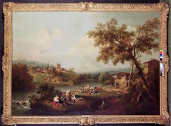 Ampio paesaggio fluviale con un villaggio