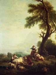 Paesaggio con contadini che osservano una mandria di bovini