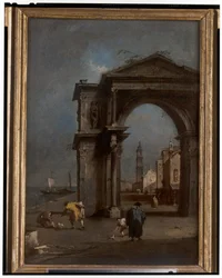 Capriccio con un arco di trionfo e sfondo urbano