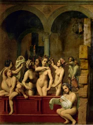 La lettera di Uria, Betsabea e le sue serve che fanno il bagno (dipinto su legno di pioppo)