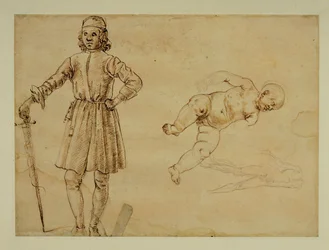 Un bambino seduto; un uomo in piedi che tiene una spada ...