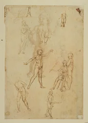 Studi di figure. Penna e inchiostro marrone, pennino metallico Carta color rosa...