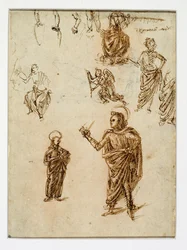 Schizzi di figure; santi; un angelo; un braccio; gambe ...