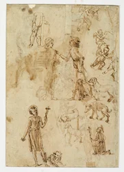 Due uomini in conversazione, uno dei quali tiene i cani al guinzaglio ...