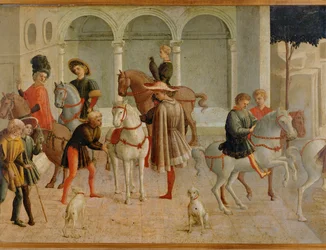 Cavalieri nella sala della corte di Gualtieri di Saluzzo (tempera su tavola)