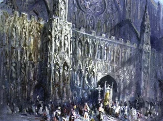La facciata ovest della cattedrale di Exeter, con una processione religiosa in primo piano