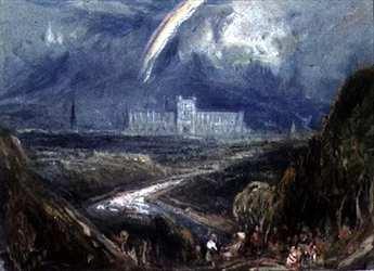 Veduta da una collina di una città e cattedrale distanti, (probabilmente Exeter), con un fiume in primo piano