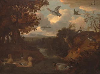 Anatre e altri uccelli vicino a un ruscello in un paesaggio italianeggiante