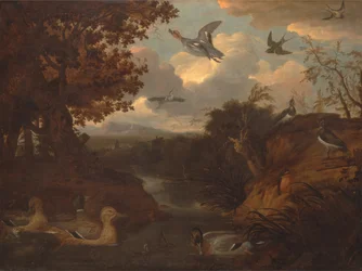 Anatre e altri uccelli intorno a un ruscello in un paesaggio all