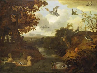 Anatre e Altri Uccelli vicino a un Ruscello in un Paesaggio Italianeggiante