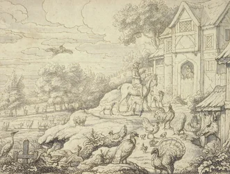 Cortile della fattoria, con figure e sfondo paesaggistico