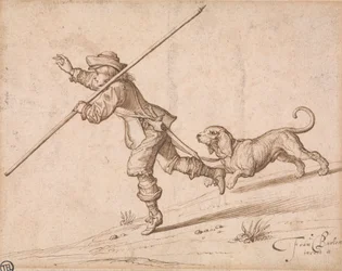 Uomo che caccia con un bastone appuntito e un cane