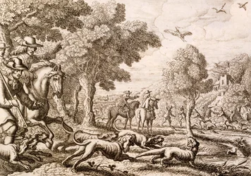 Caccia alla lontra lungo un fiume, inciso da Wenceslaus Hollar, 1671