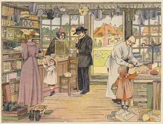 Libro dei negozi di Bedford: Negozio del villaggio (litografia a colori)
