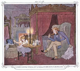 Ogni sera il re si sedeva a guardarla con uno sguardo di traverso, da The Magic Fishbone pub.by Warne  Co, c.1940 (litografia a colori)