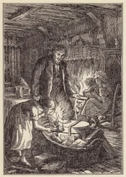 Illustrazione per Il grillo del focolare di Charles Dickens (litografia a colori)