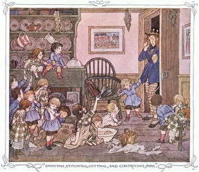 "Snipping, stitching, cutting and contriving, Papa", da The Magic Fishbone pubblicato da Warne  Co, 1940 circa (litografia a colori)