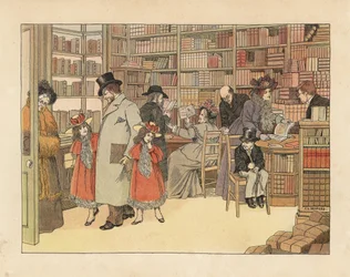 Clienti vittoriani in una libreria. Cromolitografia da un