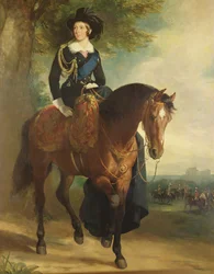 Ritratto della regina Vittoria a cavallo, con il castello di Windsor, il duca di Wellington e la Household Brigade sullo sfondo