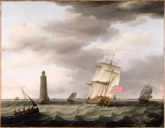 Una nave da guerra che passa il faro di Eddystone, c.1773