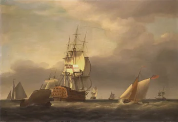 Paesaggio marino con uomini di guerra e piccole imbarcazioni