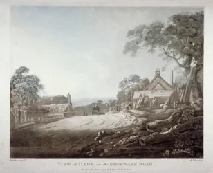 Carrozza trainata da cavalli che scompare oltre una collina sulla Edgware Road, Londra, 1799