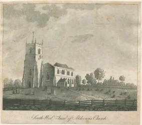 Chiesa di Alrewas: incisione ad acquatinta, nd [?18th cent]