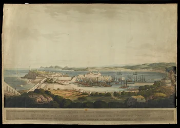 Veduta sud di Corunna dalle alture vicino al Convento di Santa Margherita, inciso da H. Merke, pubblicato nel 1809
