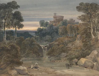 Paesaggio con castello, cascata e ruscello in primo piano