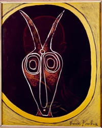 Trasparenza. Volto di uomo e testa di animale con corno sovrapposto, XX secolo (olio su tela)