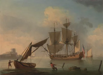 Uno sloop inglese calmo vicino alla riva