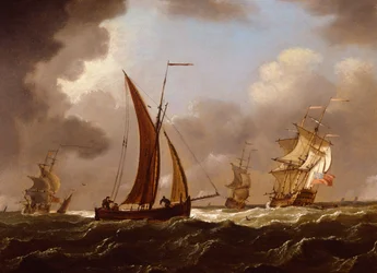 Uomini di Guerra Britannici e Barche da Pesca in una Forte Brezza