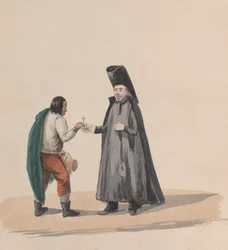 Un canonico che consegna un crocifisso a un uomo, da un gruppo di disegni che raffigurano costumi peruviani