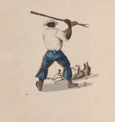Un uomo visto da dietro che picchia un cane con un bastone, da un gruppo di disegni che raffigurano..., ca. 1848