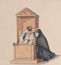 Una donna che si confessa a un prete, da un gruppo di disegni che raffigurano costumi peruviani, ca. 1848