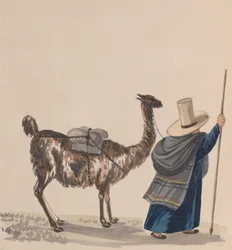 Una donna che cammina con un lama, da un gruppo di disegni che raffigurano costumi peruviani, ca. 1848