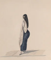 Una donna che indossa la saya in piedi di profilo, da un gruppo di disegni che raffigurano il Perù..., ca. 184