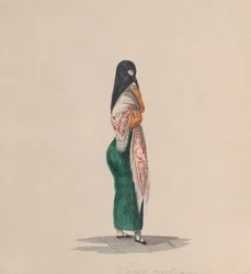 Una donna che indossa la saya in piedi di profilo, da un gruppo di disegni che raffigurano peruviani..., ca. 184
