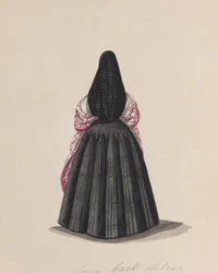 Una donna che indossa la saya vista da dietro, da un gruppo di disegni che raffigurano..., ca. 1848