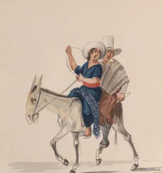 Un uomo e una donna indiani a dorso di un asino, da un gruppo di disegni raffiguranti peruviani..., ca. 1848