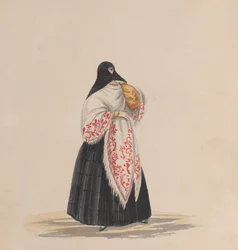 Una donna elegantemente vestita, da un gruppo di disegni che raffigurano il costume peruviano, ca. 1848