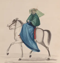 Una donna elegantemente vestita a cavallo, da un gruppo di disegni che raffigurano peruviani