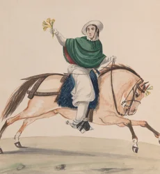 Una donna elegantemente vestita a cavallo, da un gruppo di disegni che raffigurano Peruviani..., ca. 1848
