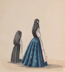 Due donne che indossano la saya viste di profilo, da un gruppo di disegni che raffigurano