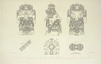 Idolo azteco di porfido basaltico, trovato sotto la Grand Plaza di Città del Messico, inciso da Cloquet, illustrazione da 
